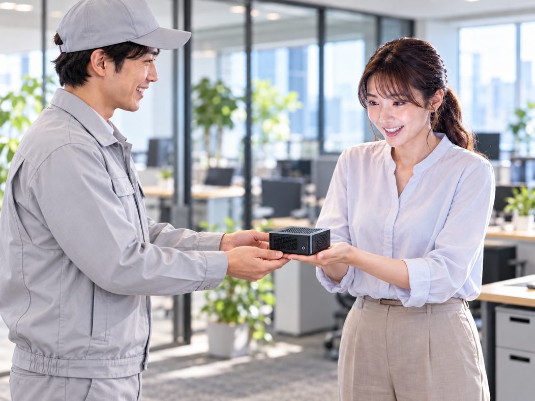 配達員からオフィスの社員へ、手のひらサイズのミニPC(AIサーバー)が手渡される様子。